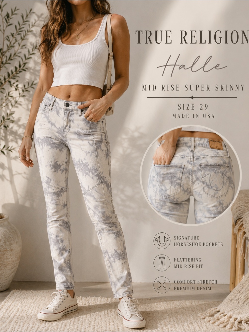 True Religion Halle Mid Rise Super Skinny Tie Dye Jeans Gray White Size 29
